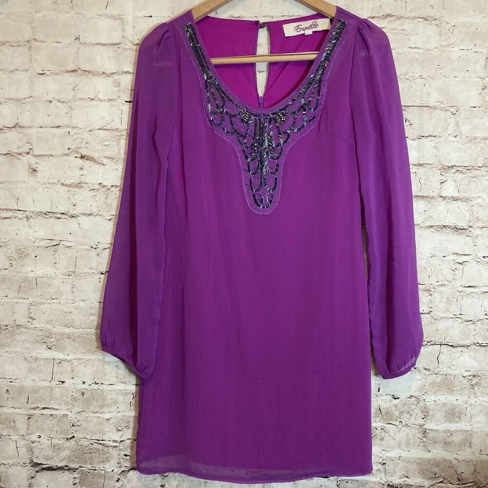 Emmelee Tunic Dress Womens Medium Purple Chiffon Beaded Shift Long Sleeve Flowy